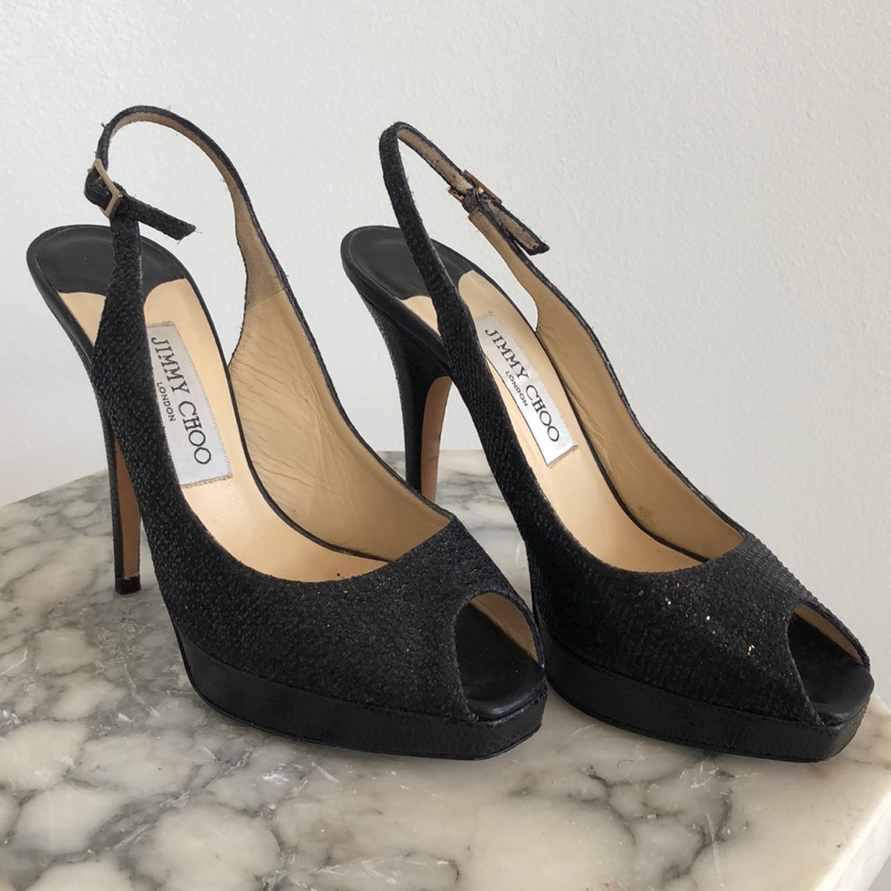 Jimmy Choo Black Glitter Platform Slingback 36.5